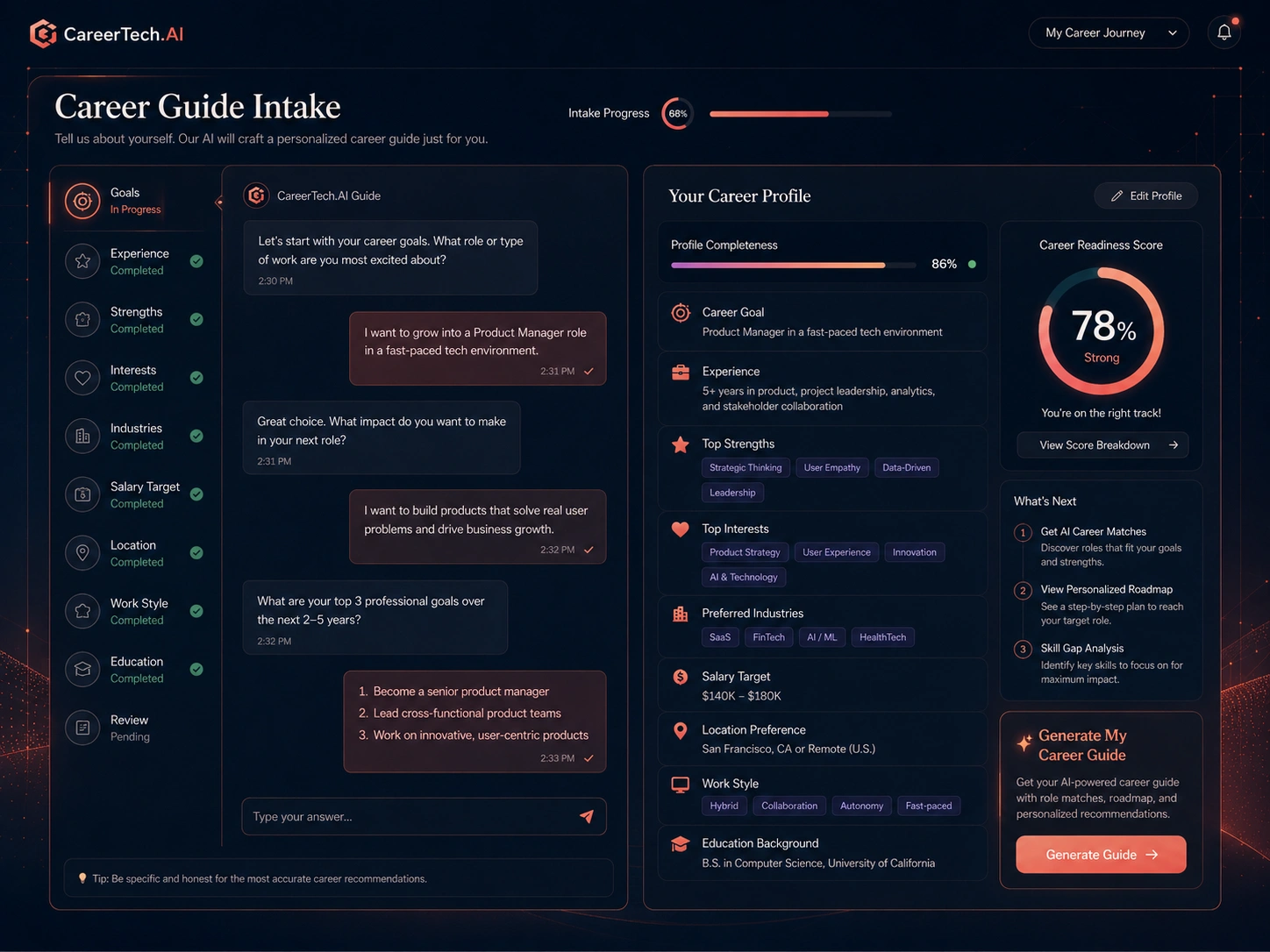CareerTech.AI career guide intake interface showing career goals, work style, skills, resume context, and profile completeness.