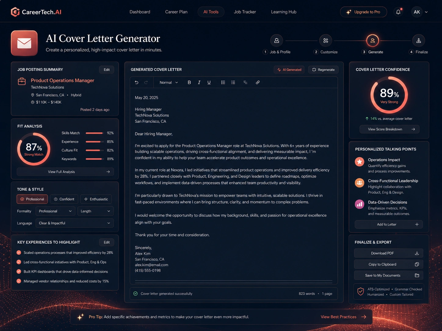 CareerTech.AI cover letter generator showing job details, tone controls, company context, and an editable cover letter draft.