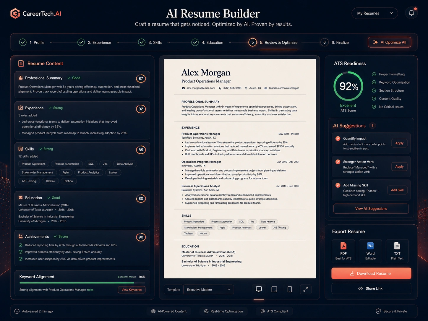 CareerTech.AI resume builder showing ATS score, resume sections, keyword alignment, and role-specific resume content.