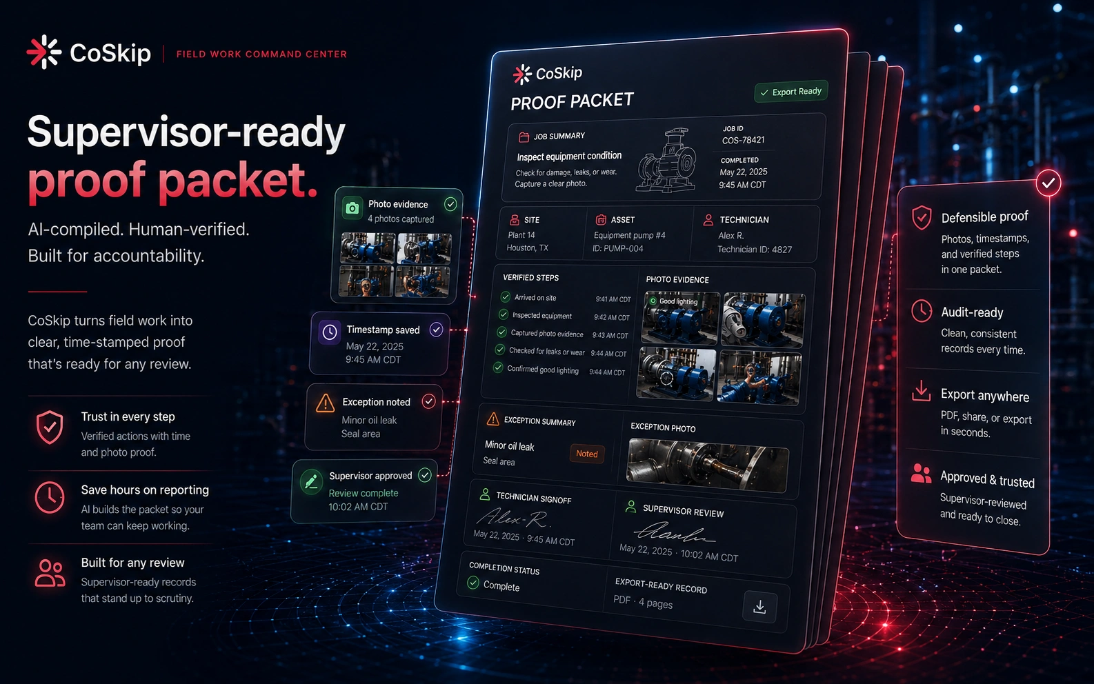 CoSkip supervisor-ready proof packet showing job summary, site and asset metadata, technician details, verified steps, photo evidence, timestamp metadata, exception summary, technician signoff, supervisor review, completion status, and export-ready record.