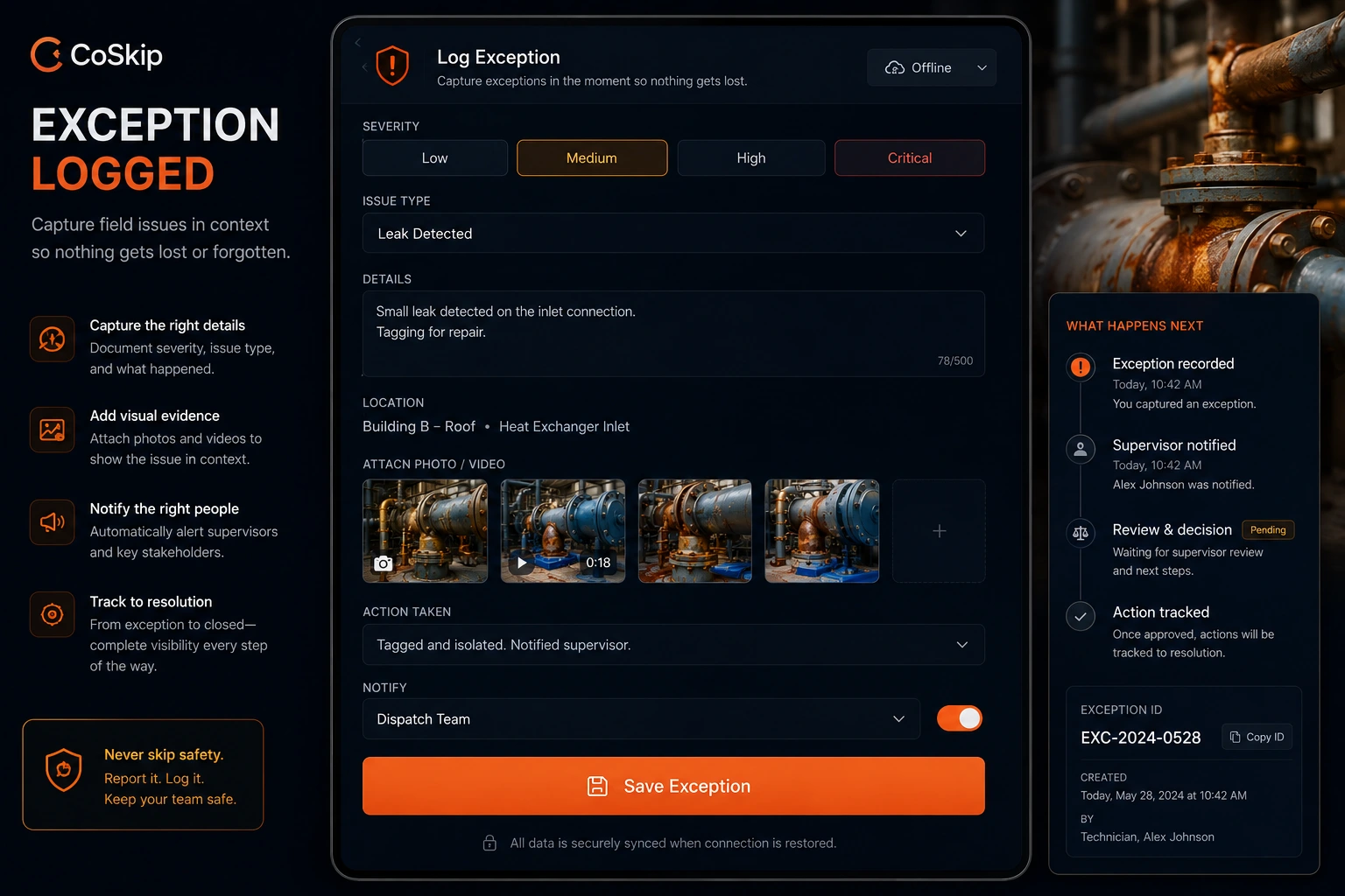 CoSkip exception logging screen showing severity, issue type, details, location, attached photos and video, action taken, supervisor notification, exception ID, and save exception workflow.