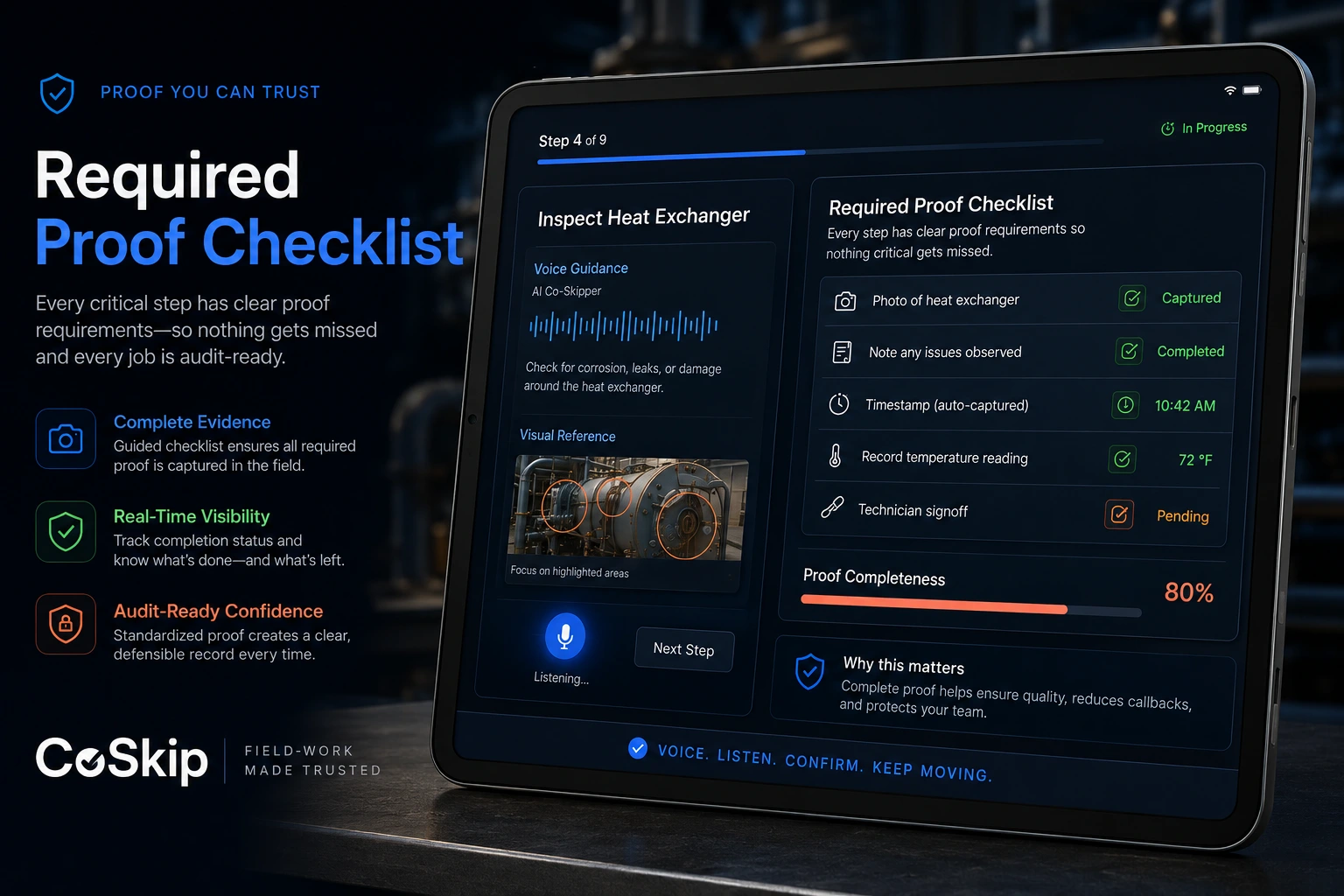 CoSkip required proof checklist showing photo, note, timestamp, temperature reading, technician signoff, proof completeness score, and required evidence status.