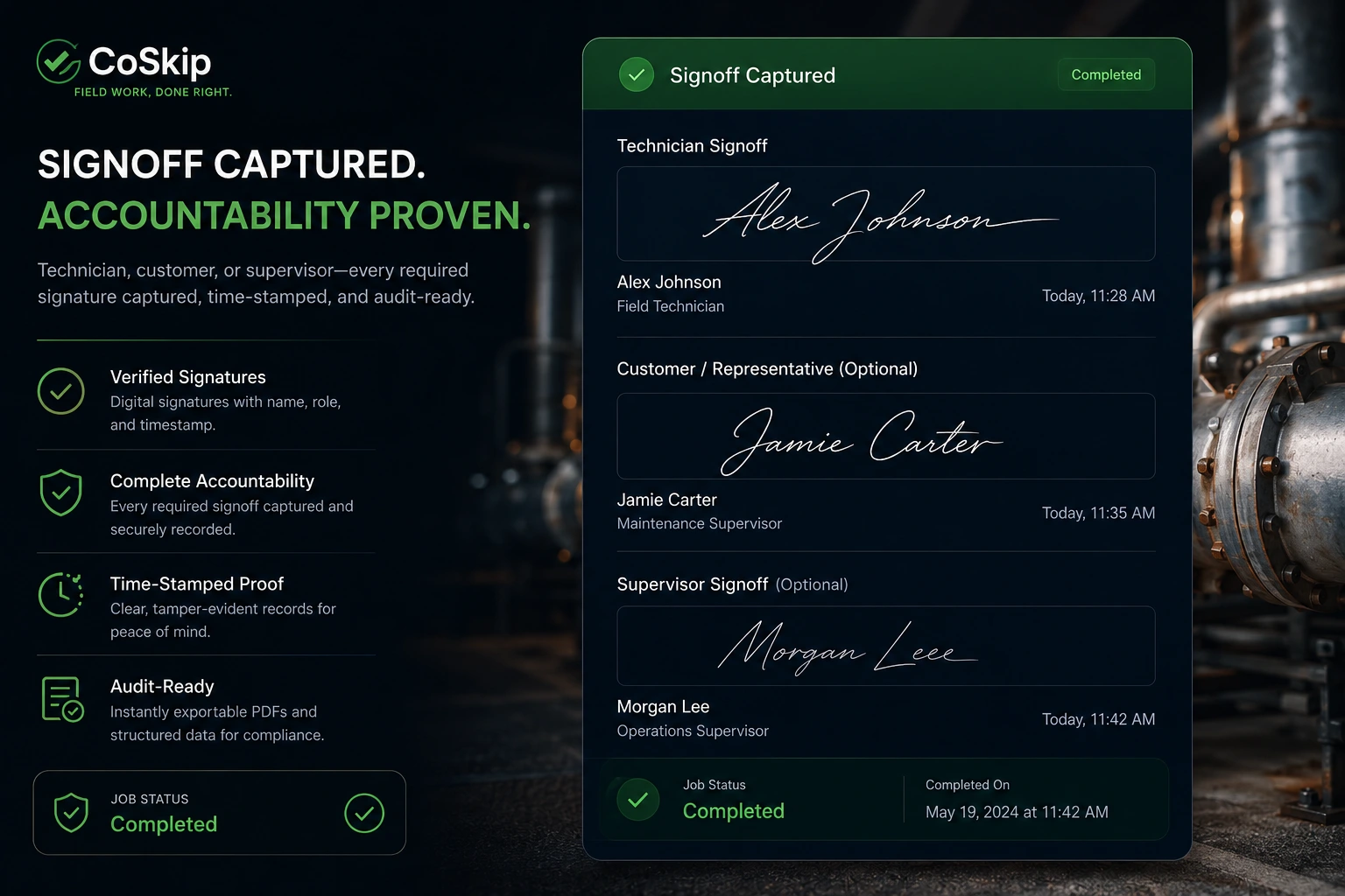 CoSkip signoff captured screen showing technician signoff, customer representative signoff, supervisor signoff, job status completed, timestamp, and audit-ready accountability.