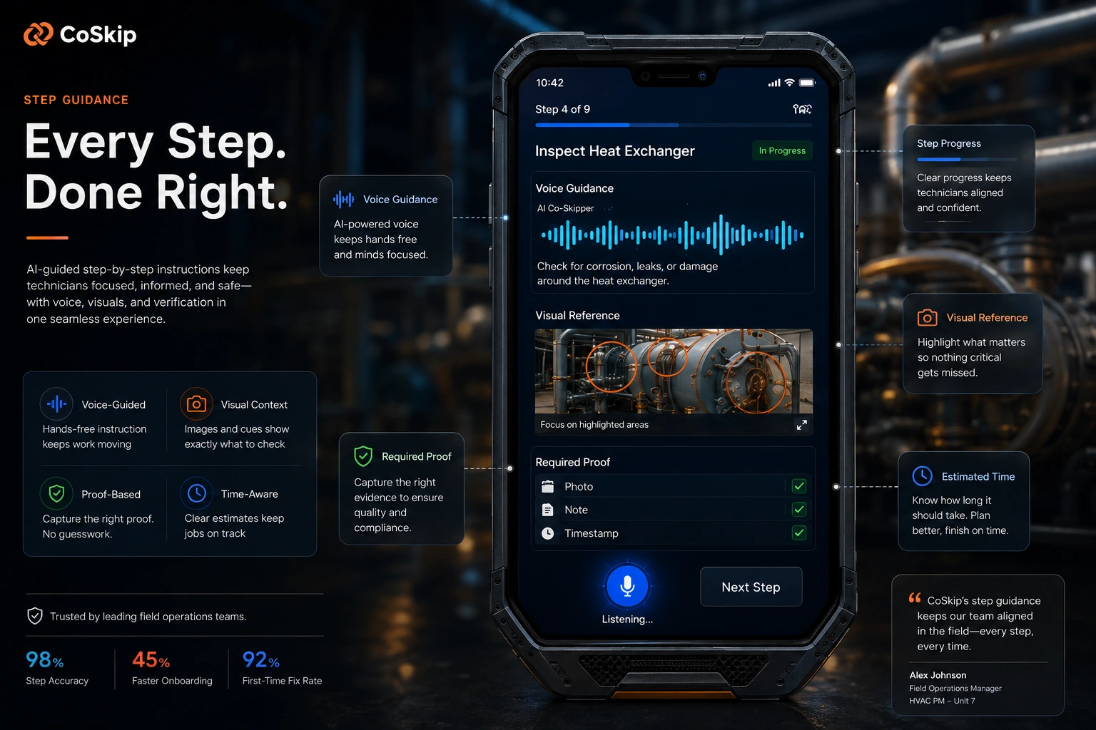 CoSkip step guidance screen showing current field step, voice guidance, visual cue, required proof, estimated time, field technician controls, and next-step button.