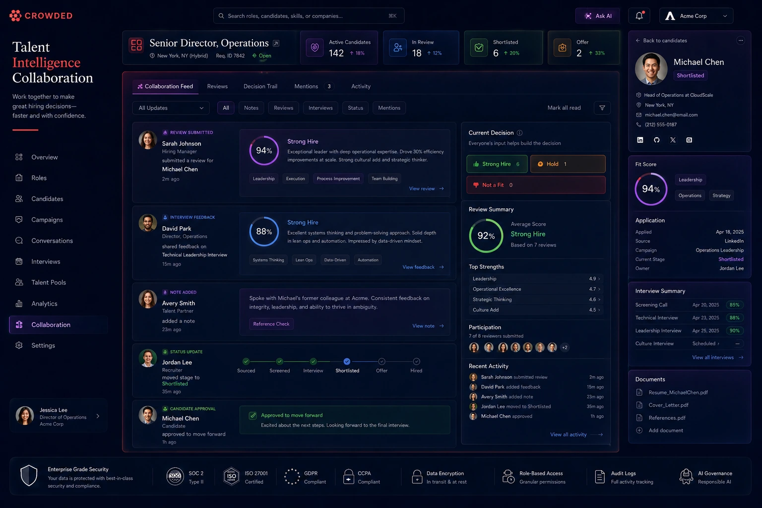 Crowded collaboration feed showing hiring manager comments, recruiter notes, candidate summary, current status, status timeline, team decision options, candidate approvals, and review history.