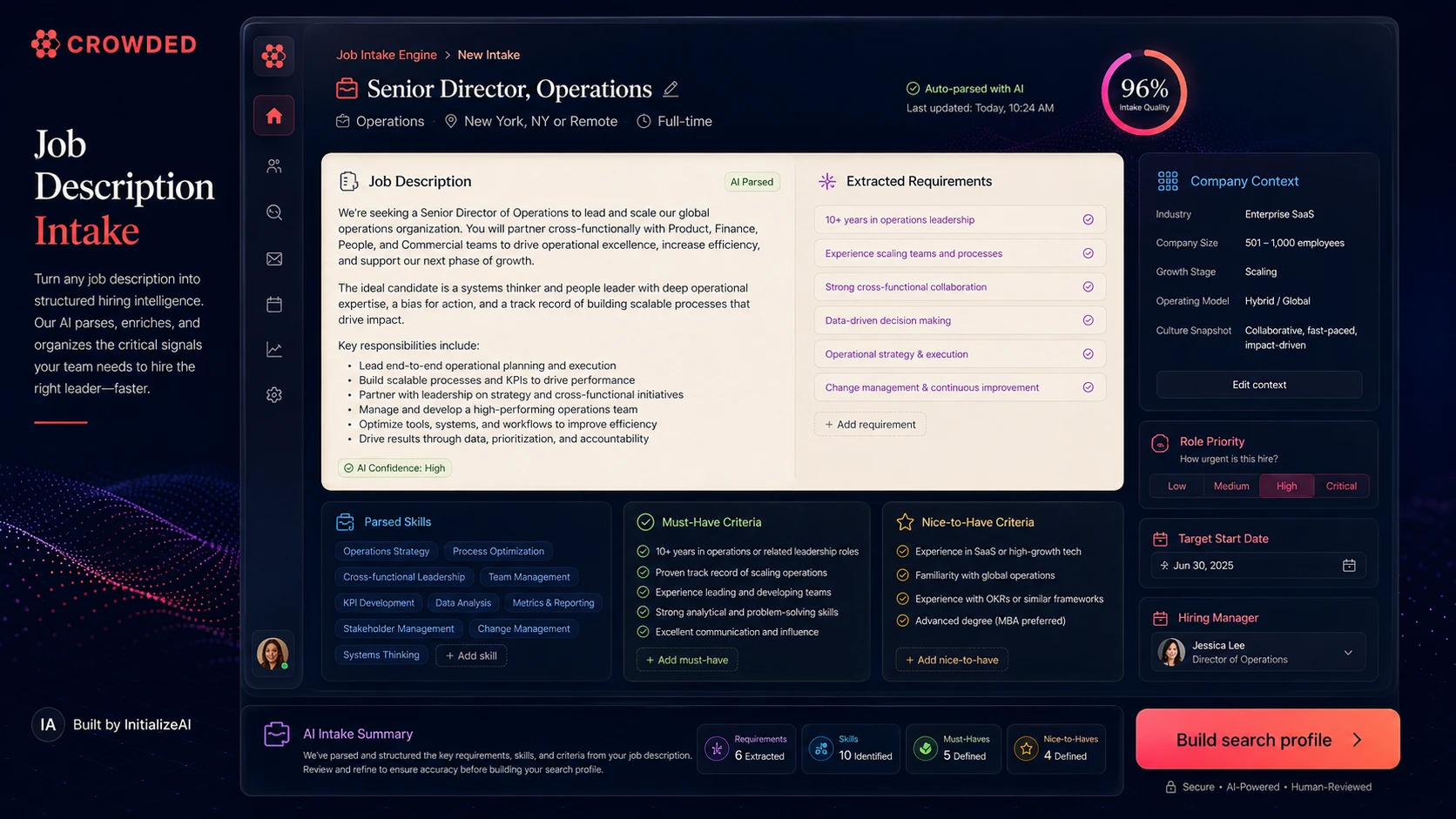 Crowded job description intake dashboard showing Senior Director Operations role, extracted requirements, company context, role priority, target start date, hiring manager, parsed skills, must-have criteria, nice-to-have criteria, intake quality, and build search profile CTA.