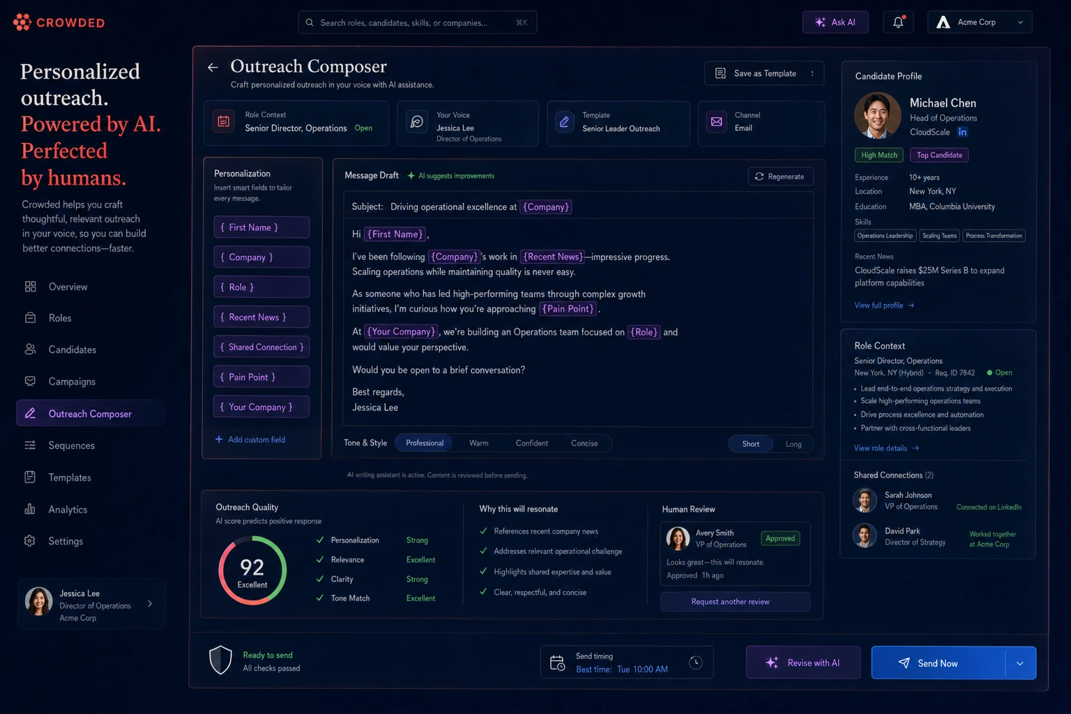 Crowded outreach composer showing candidate profile, hiring manager voice, personalized candidate message draft, tone controls, role context, personalization fields, message quality, human review requirement, request edit, and approve send workflow.