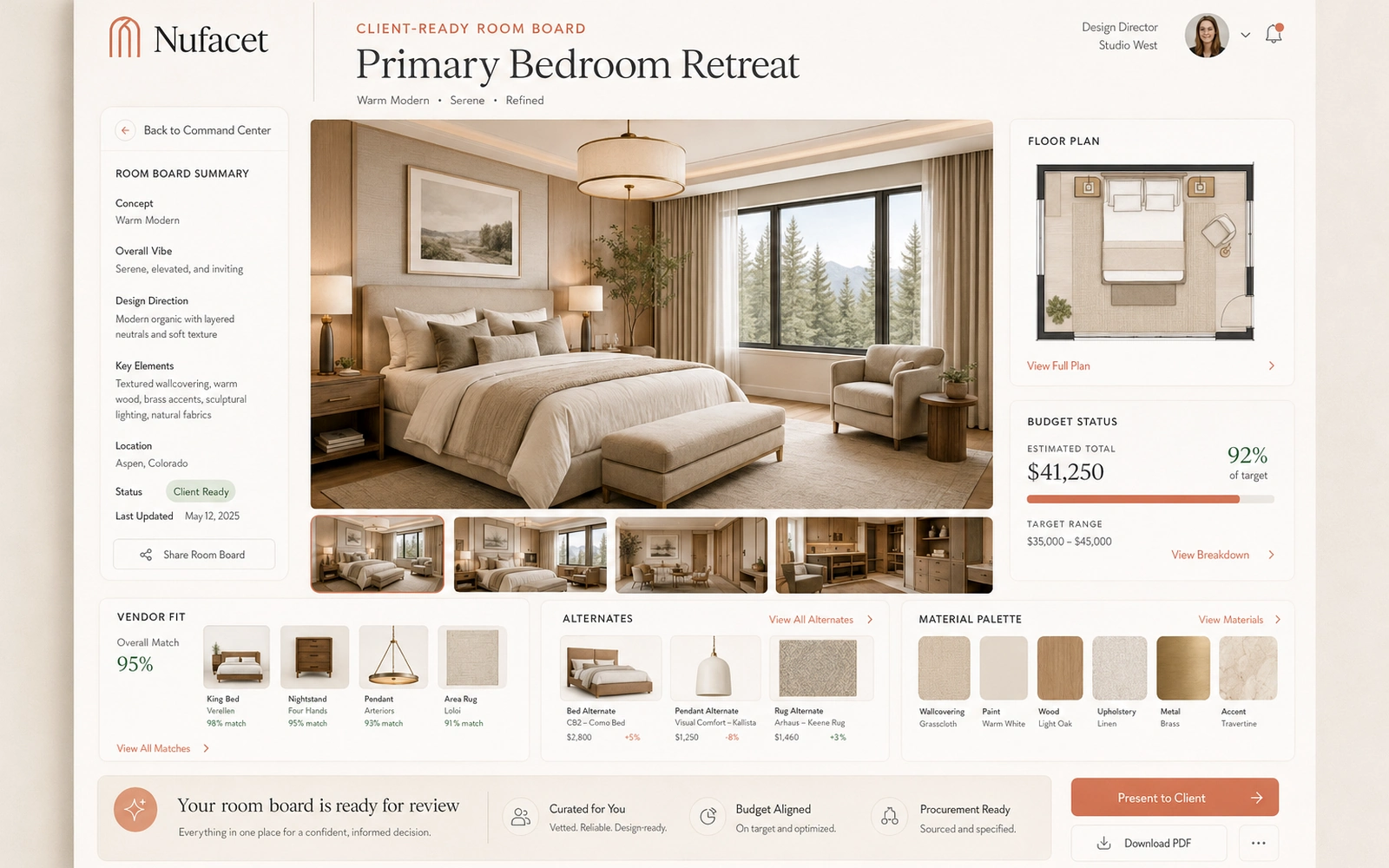 Nufacet featured client-ready room board showing material palette, product selections, layout notes, budget fit, vendor match, approval status, and procurement readiness.