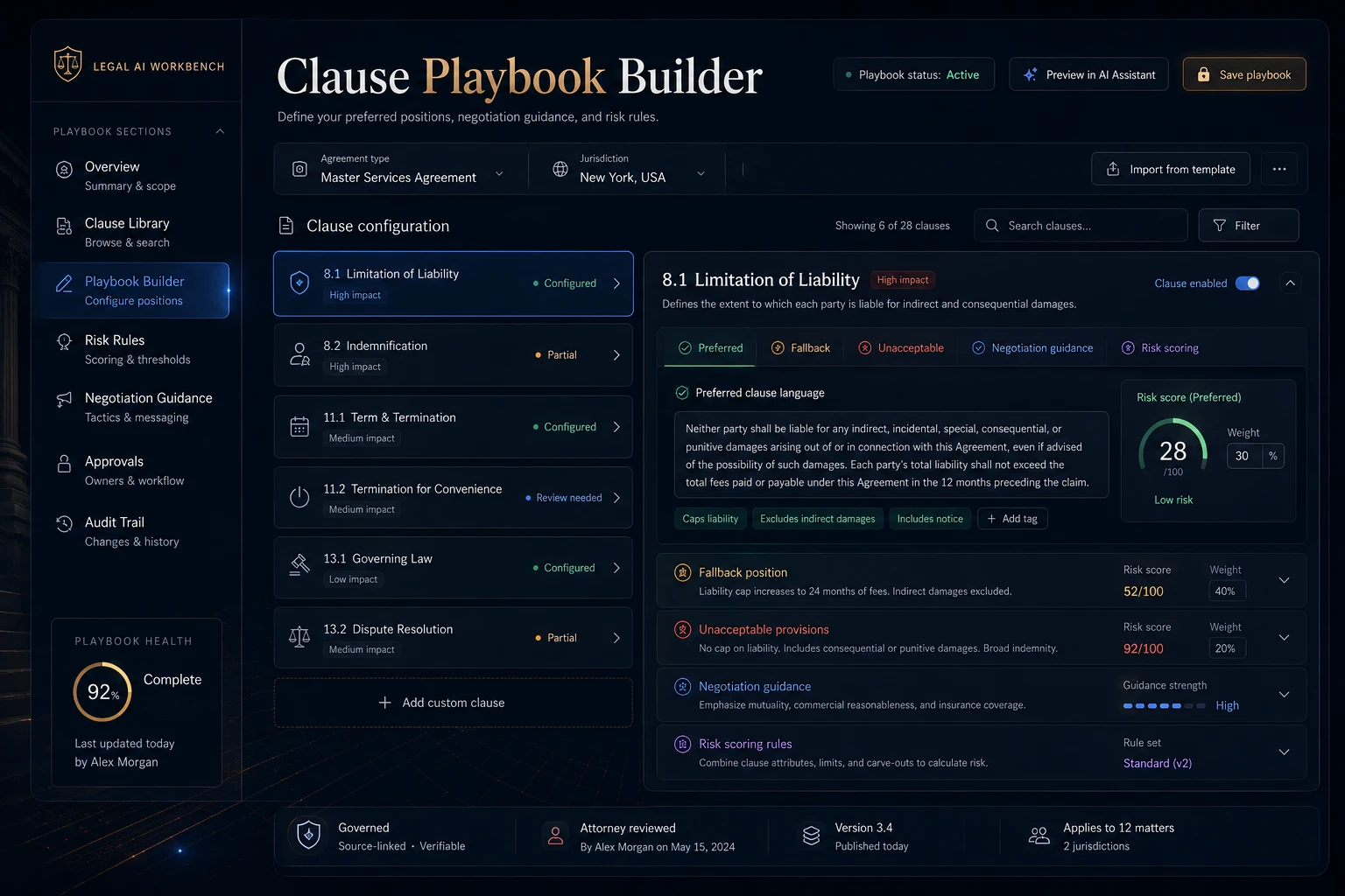 Legal AI clause playbook builder showing clause configuration, preferred language, fallback positions, unacceptable provisions, negotiation guidance, risk scoring rules, playbook health, and approvals.