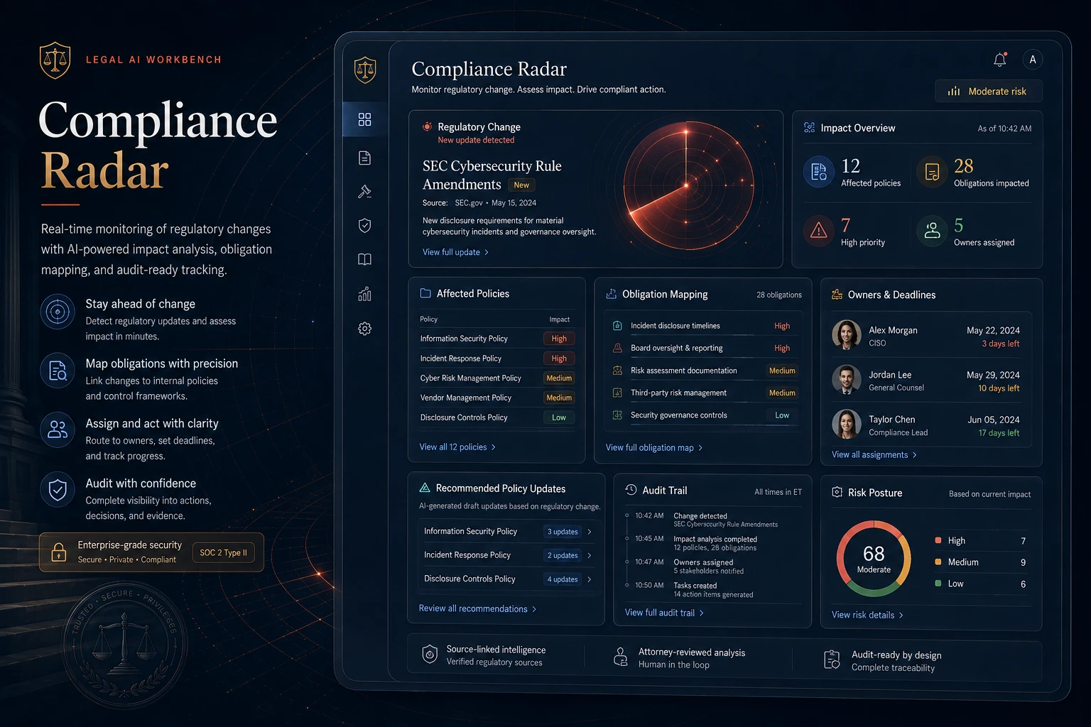 Legal AI compliance radar showing regulatory change alerts, affected policies, obligation mapping, owner assignment, recommended policy updates, audit trail, risk posture, and source-linked intelligence.