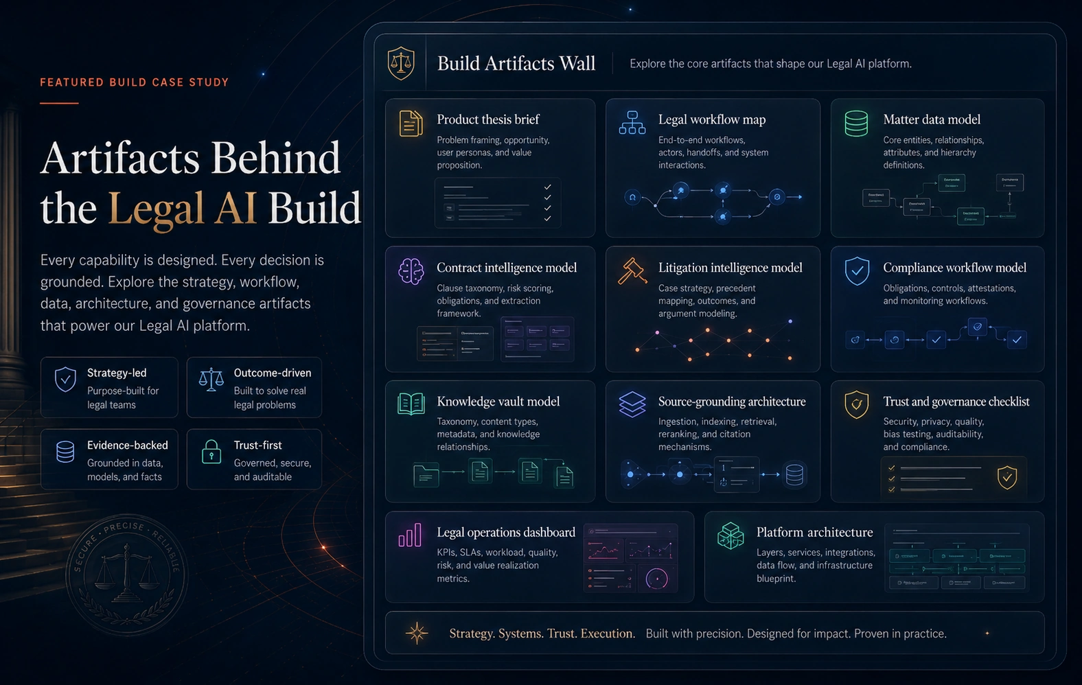 Legal AI build artifacts wall showing product thesis brief, legal workflow map, matter data model, contract intelligence model, litigation intelligence model, compliance workflow model, knowledge vault model, source-grounding architecture, trust governance checklist, legal operations dashboard, and platform architecture.