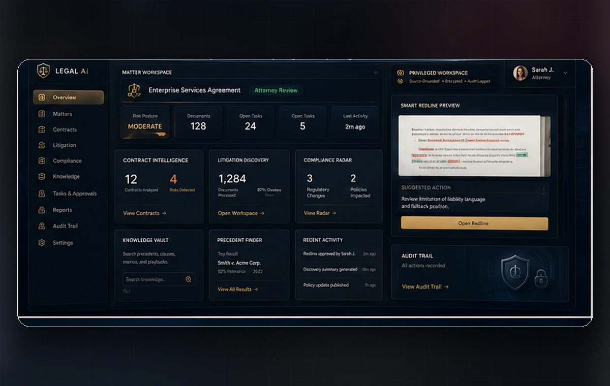 Legal AI final trusted cockpit showing matter workspace, source-grounded answers, litigation discovery, contract intelligence, compliance radar, knowledge vault, audit trail, attorney review, and trust controls.