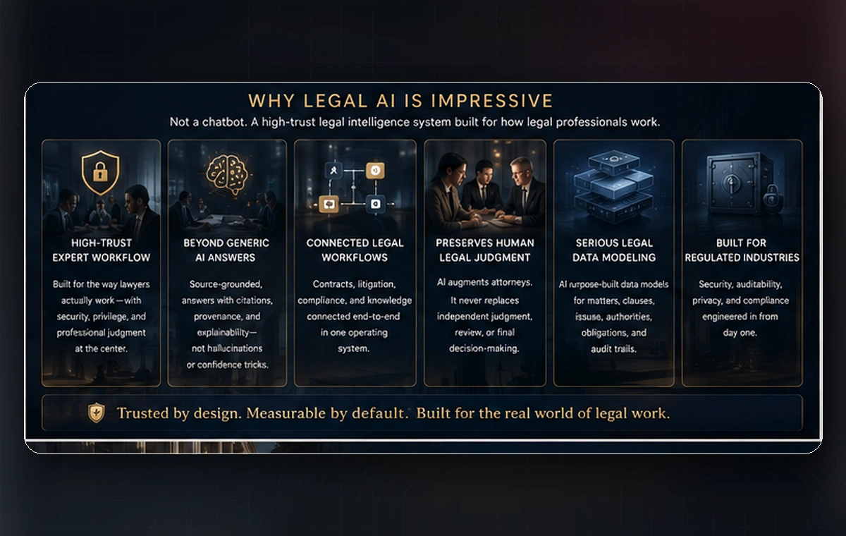 Legal AI high-trust build capability visual showing why Legal AI is impressive, including high-trust expert workflows, source-grounded answers, connected legal workflows, preserved legal judgment, legal data modeling, and regulated-industry readiness.