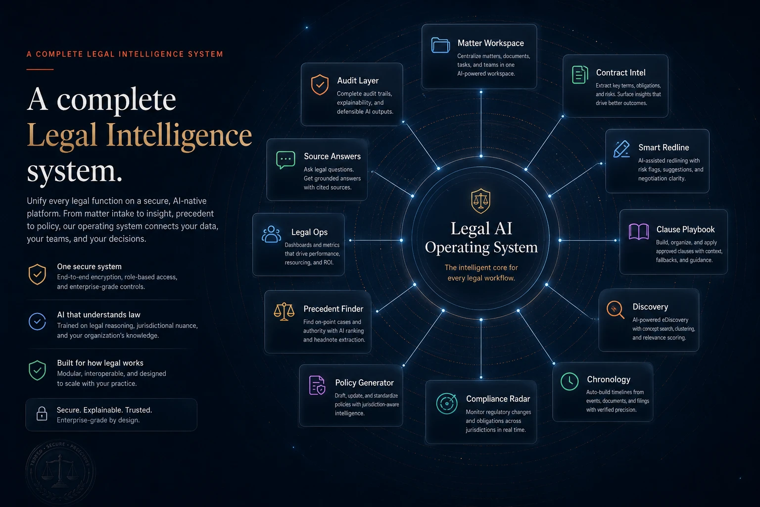 Legal AI system overview showing matter workspace, contract intelligence, smart redlining, clause playbooks, discovery, chronology, compliance radar, policy generator, precedent finder, legal operations, source answers, and audit layer.