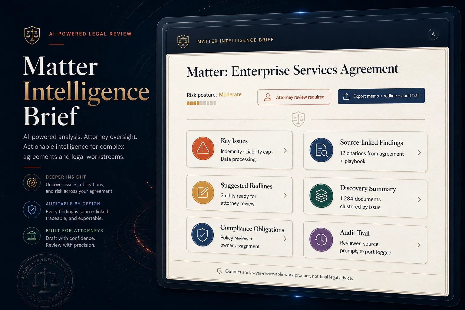 Legal AI matter intelligence brief artifact showing matter risk posture, key issues, source-linked findings, suggested redlines, discovery summary, compliance obligations, attorney review requirement, and audit trail.