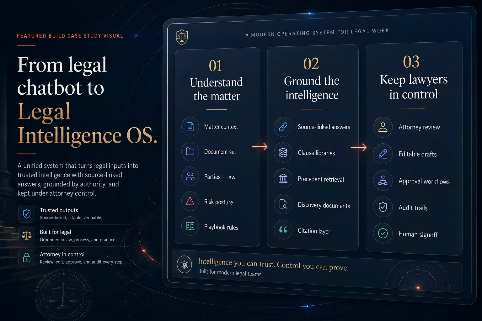 Legal AI product thesis visual showing three layers: understand the matter, ground the intelligence, and keep lawyers in control.