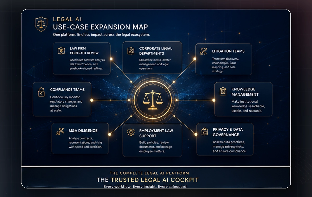 Legal AI use-case expansion map showing law firm contract review, corporate legal departments, litigation teams, compliance teams, knowledge management, M&A diligence, employment law support, and privacy data governance.