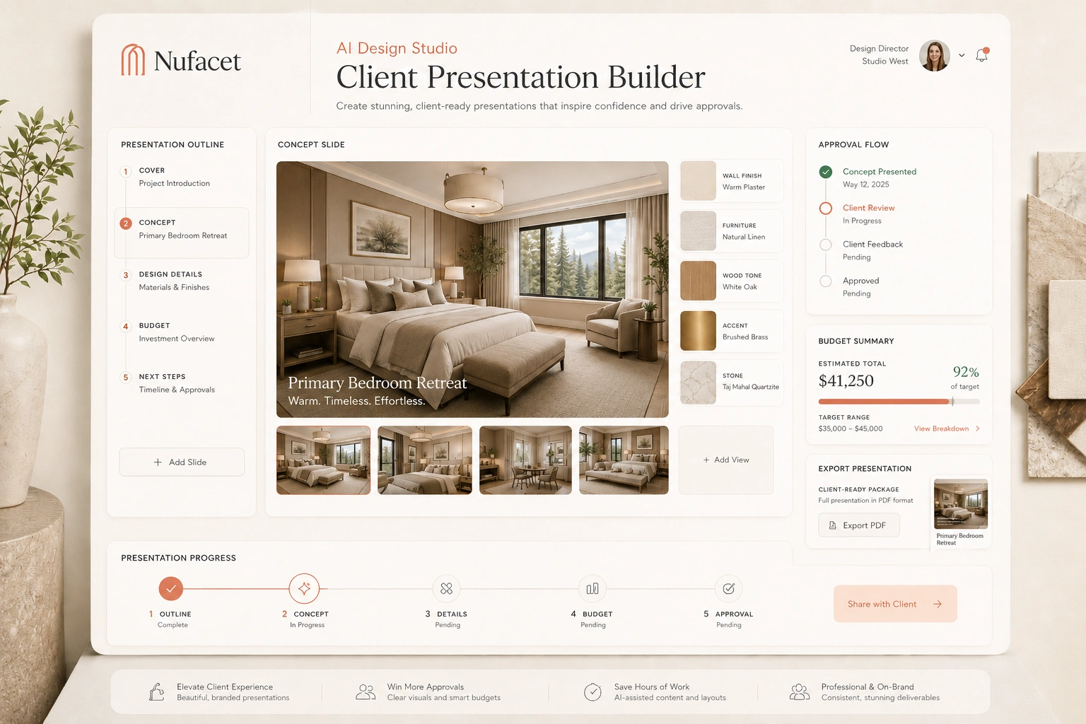 Nufacet client presentation builder showing a polished room concept slide with narrative, mood board, selections, budget, and approvals.