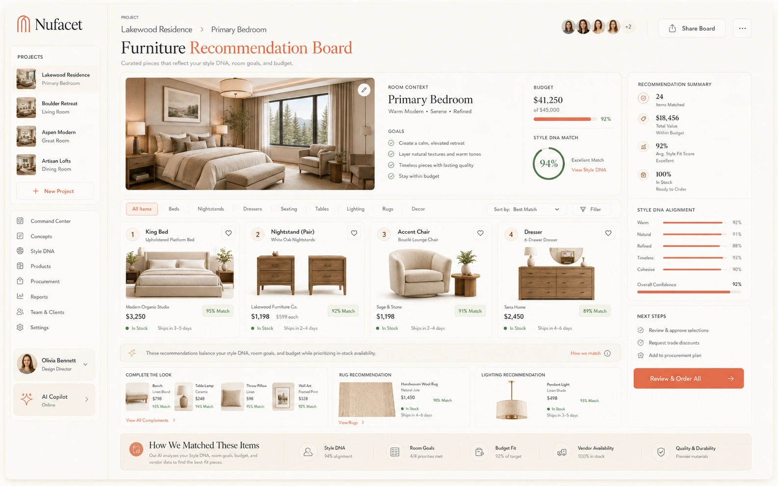 Nufacet furniture recommendation board showing coordinated furniture, lighting, rug, art, and compatibility indicators.