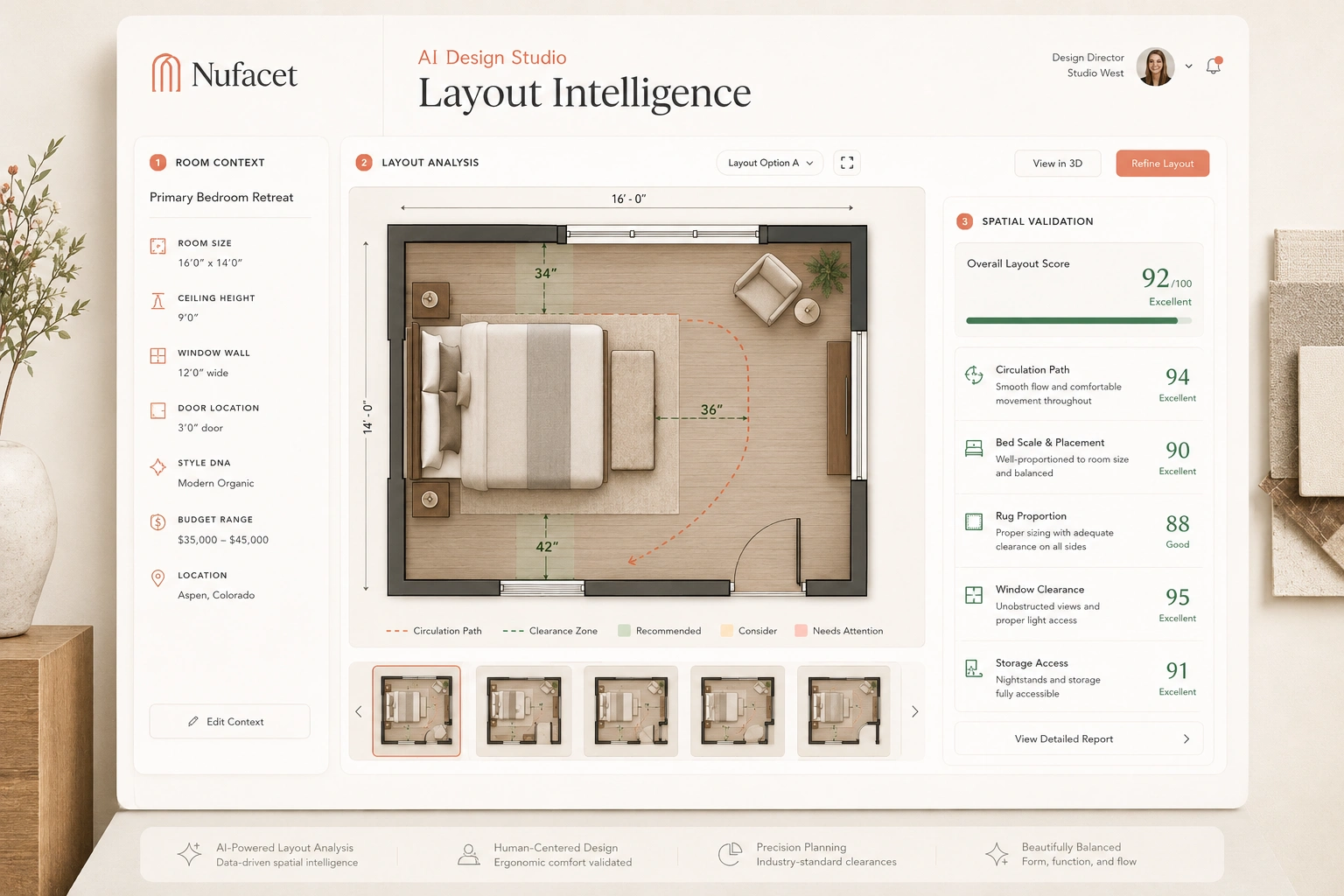 Nufacet layout intelligence view showing furniture placement, circulation paths, clearance indicators, and room zones.