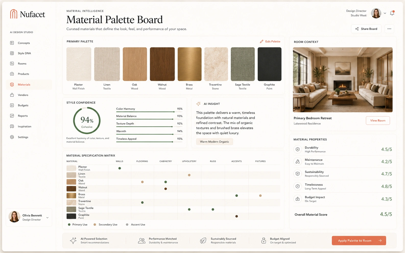 Nufacet material and palette board showing paint, wood, metal, fabric, stone, texture, warmth score, and recommended pairings.