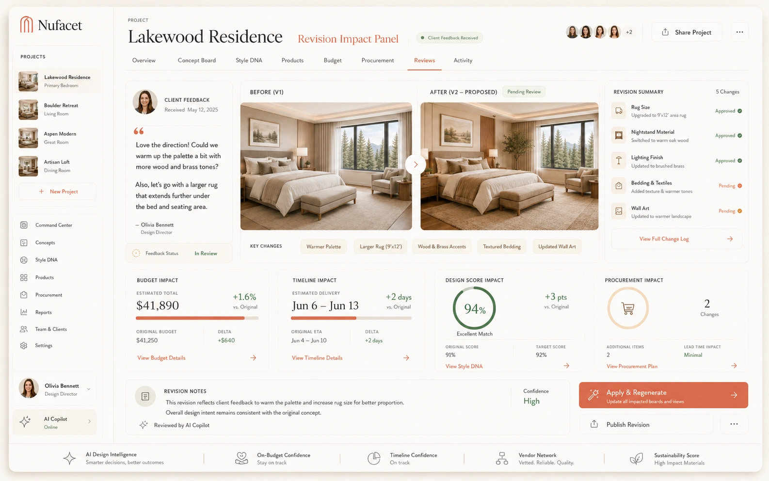 Nufacet revision impact panel showing how replacing a sofa affects budget, lead time, layout, palette, and inventory.