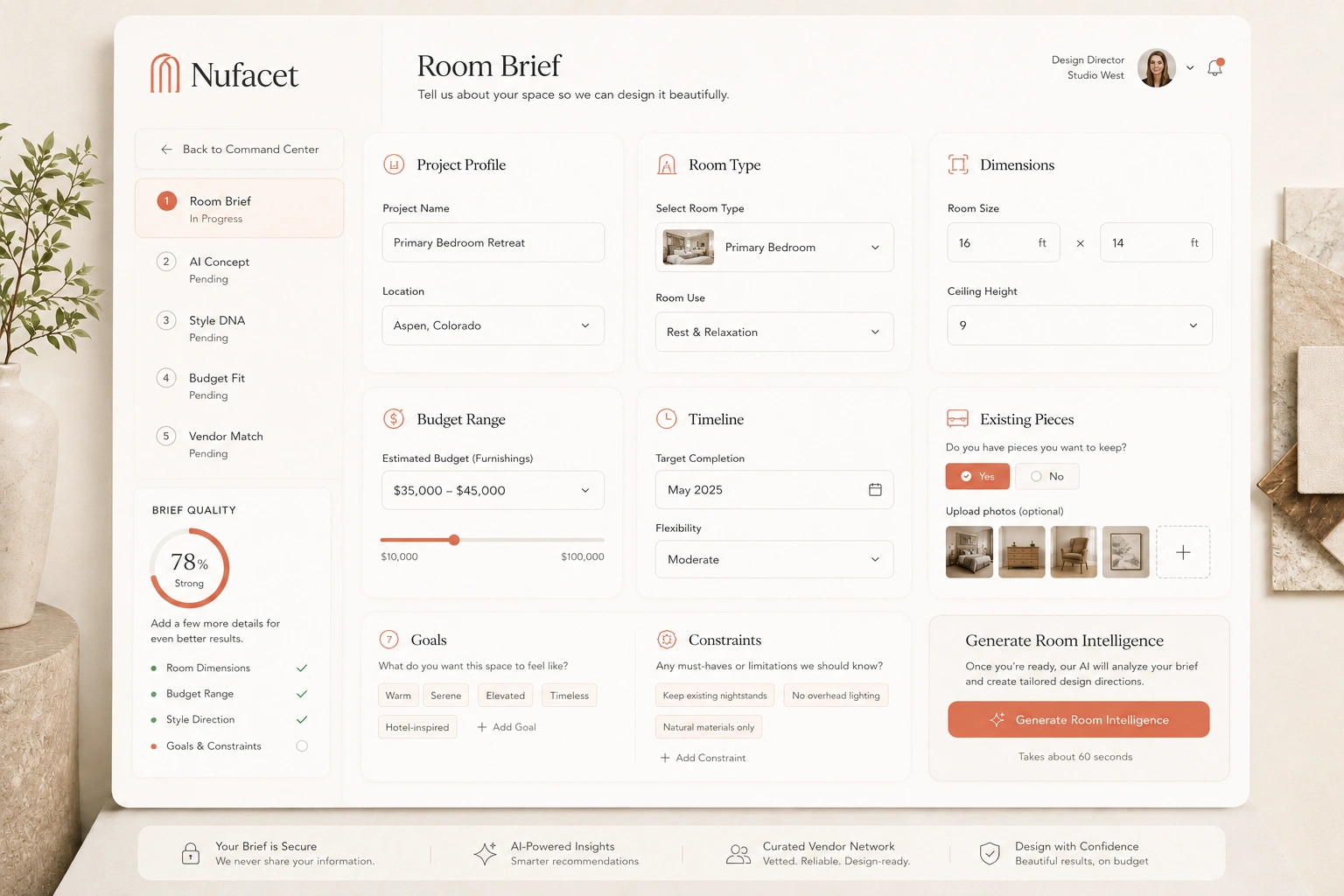 Nufacet room brief intake interface showing room type, dimensions, budget, timeline, goals, existing pieces, and constraints.