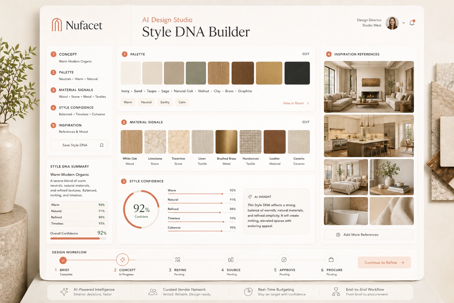Nufacet Style DNA Builder showing theme chips, palette swatches, materials, inspiration references, and style confidence.