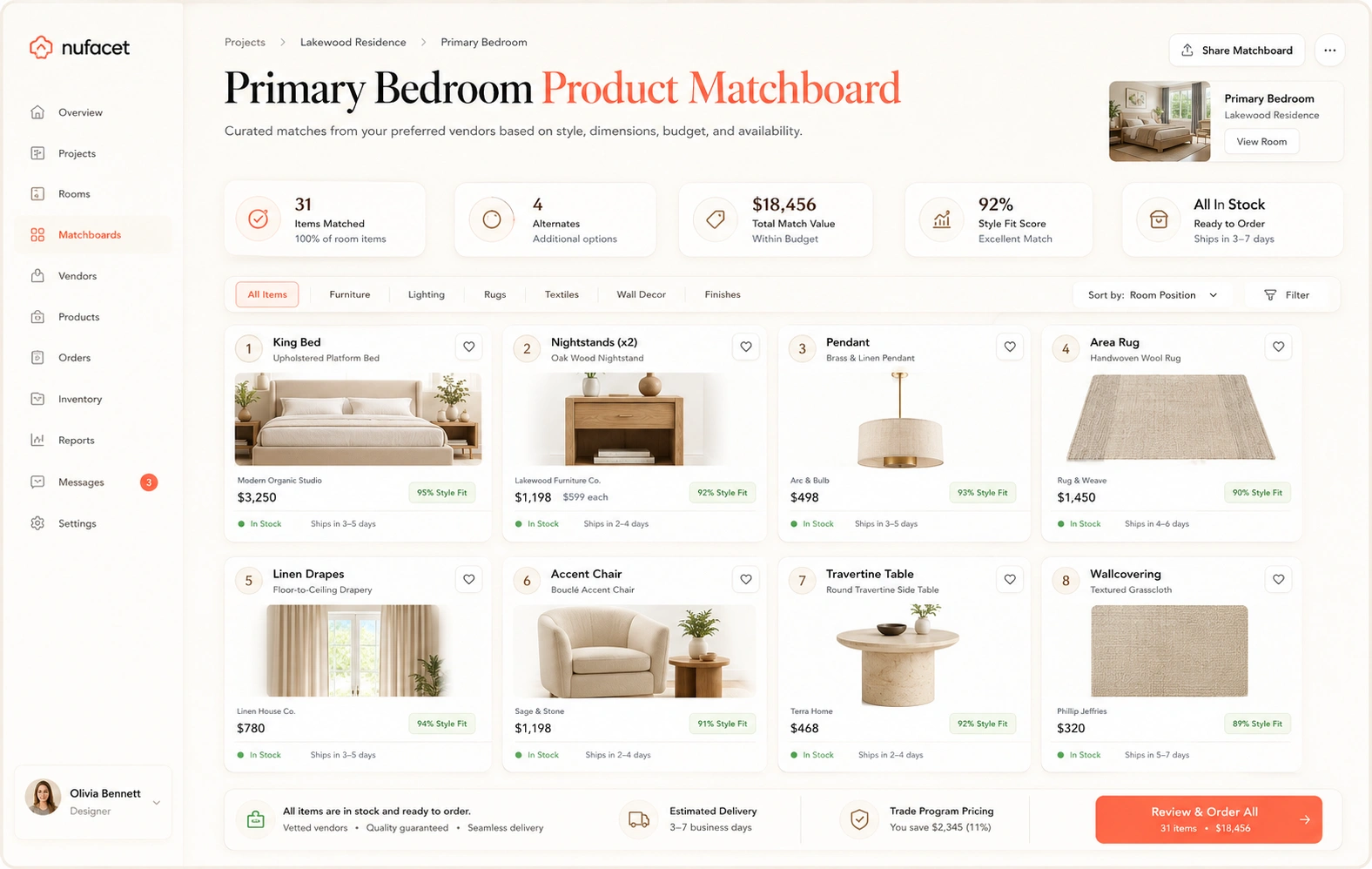 Nufacet vendor inventory match interface showing product cards with vendor, price, lead time, availability, dimensions, finish, and fit score.