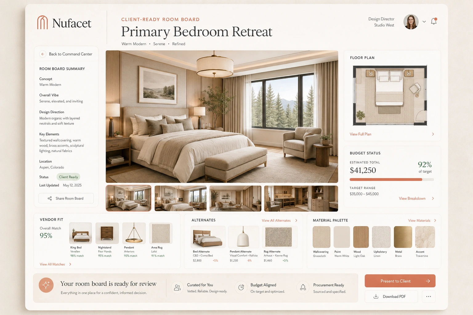 Nufacet client-ready room board artifact showing a designer-grade concept, material palette, product selections, vendor fit, budget allocation, substitutions, approvals, and procurement checklist.