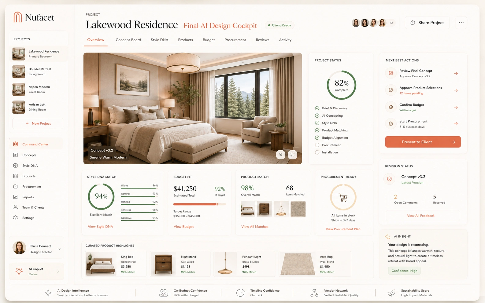 Nufacet final AI design cockpit showing room brief, Style DNA, layout intelligence, vendor inventory, budget allocator, room board, client approval, procurement planner, and designer review loop.