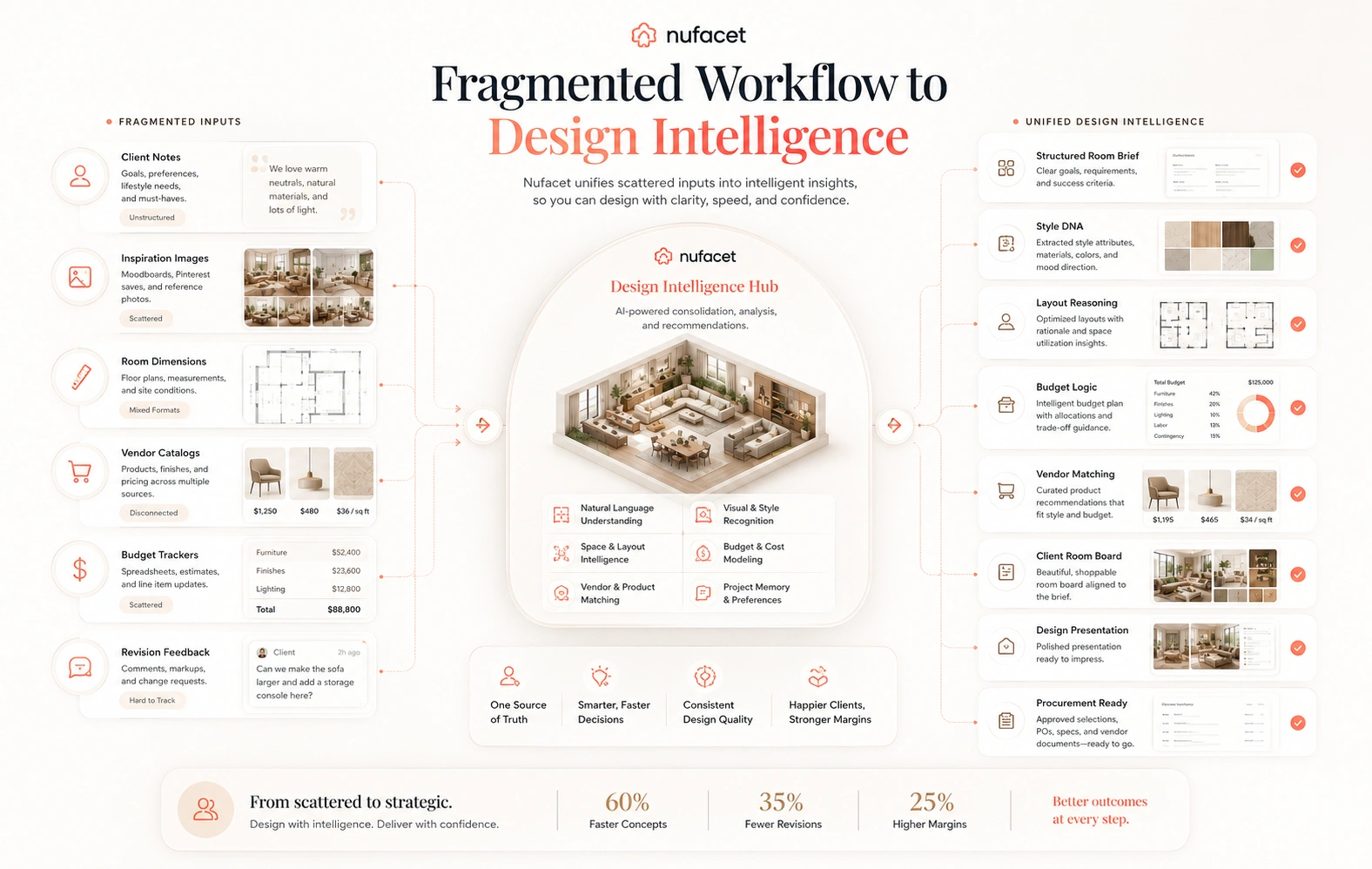 Nufacet transformation visual showing fragmented interior design inputs becoming a unified Interior Design Intelligence platform.