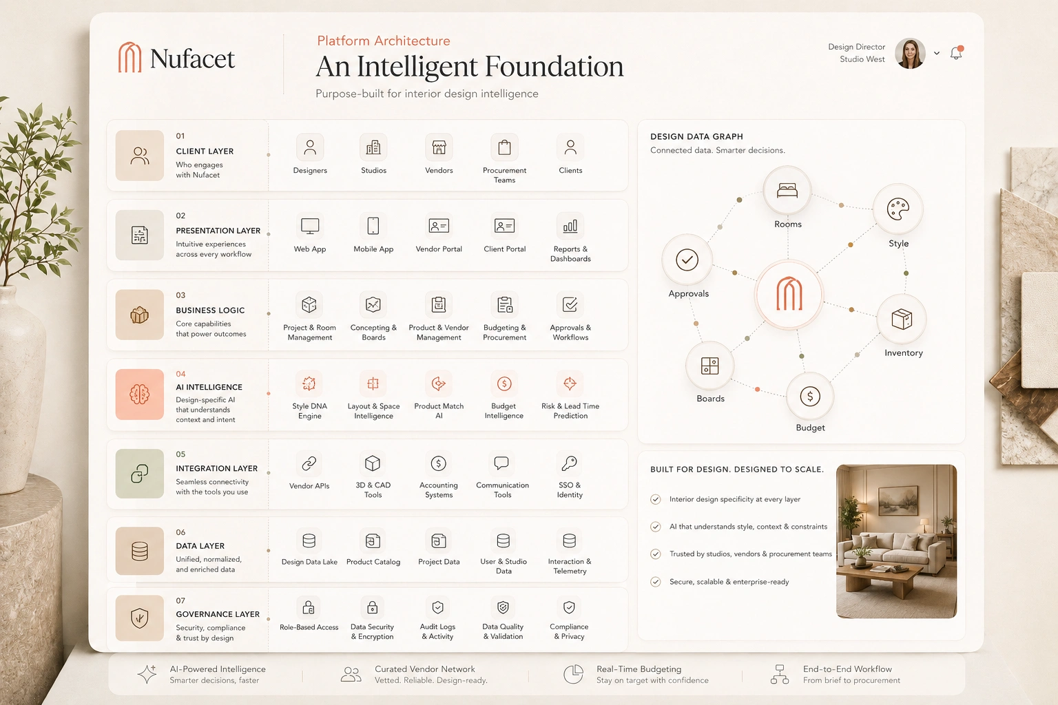 Representative Nufacet platform architecture showing client, presentation, business logic, AI intelligence, integration, data, and governance layers.