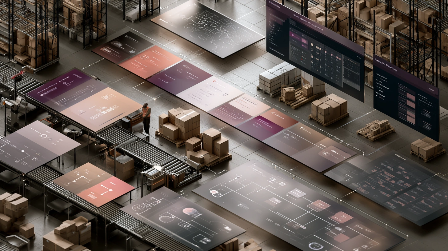 Logistics and operations AI visual with routing workflows, warehouse signals, shipment visibility, exception management, and demand forecasting
