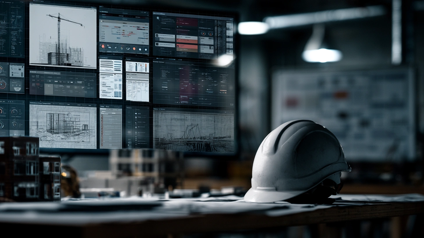 Real estate, construction, and infrastructure AI visual with project plans, permitting workflows, site inspection, and infrastructure dashboards