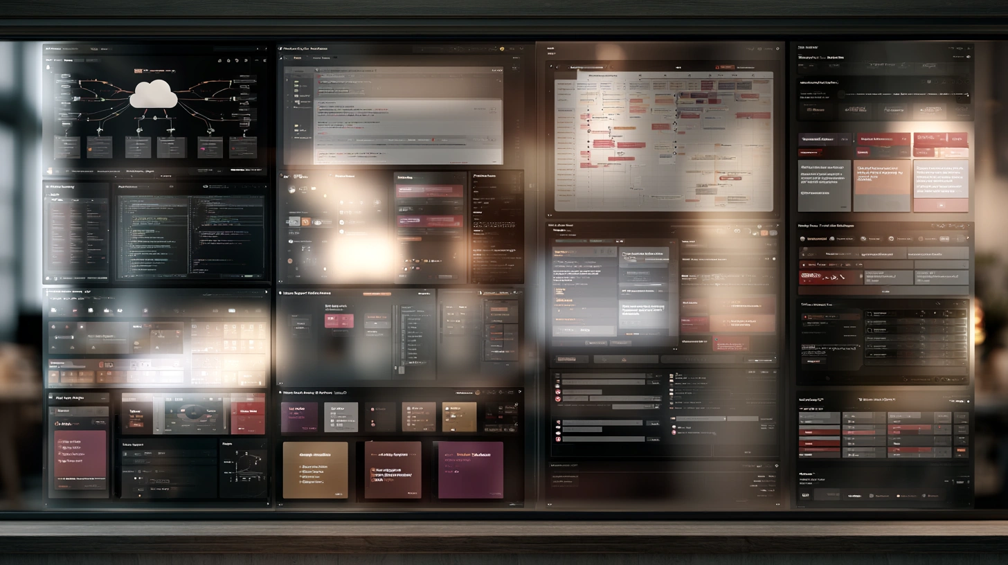 SaaS and technology AI visual with product roadmaps, API workflows, support automation, usage analytics, and governance controls