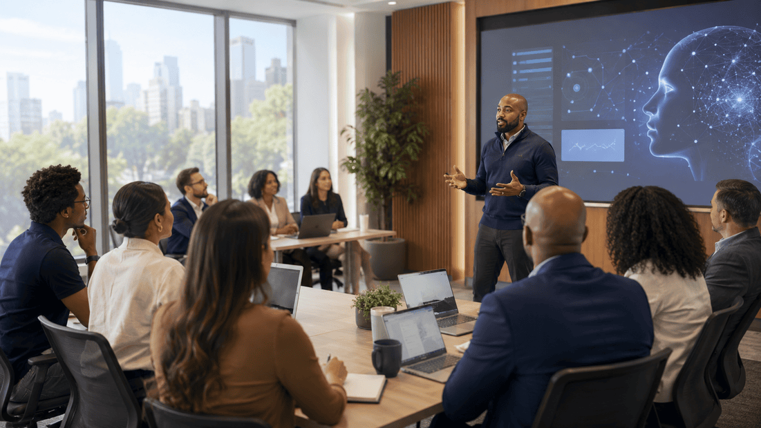 AI advisory and training session with a facilitator guiding leaders and staff through AI literacy, responsible use, and role-specific enablement.