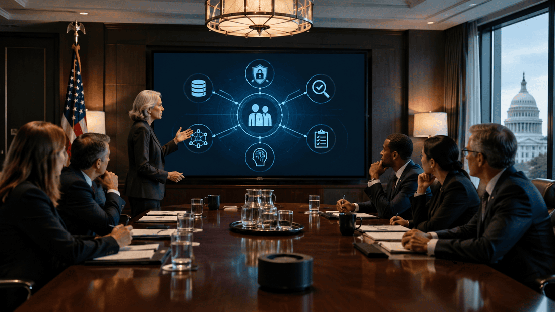 AI governance briefing with leaders reviewing responsible AI guardrails, human oversight, data boundaries, vendor review, and risk controls.