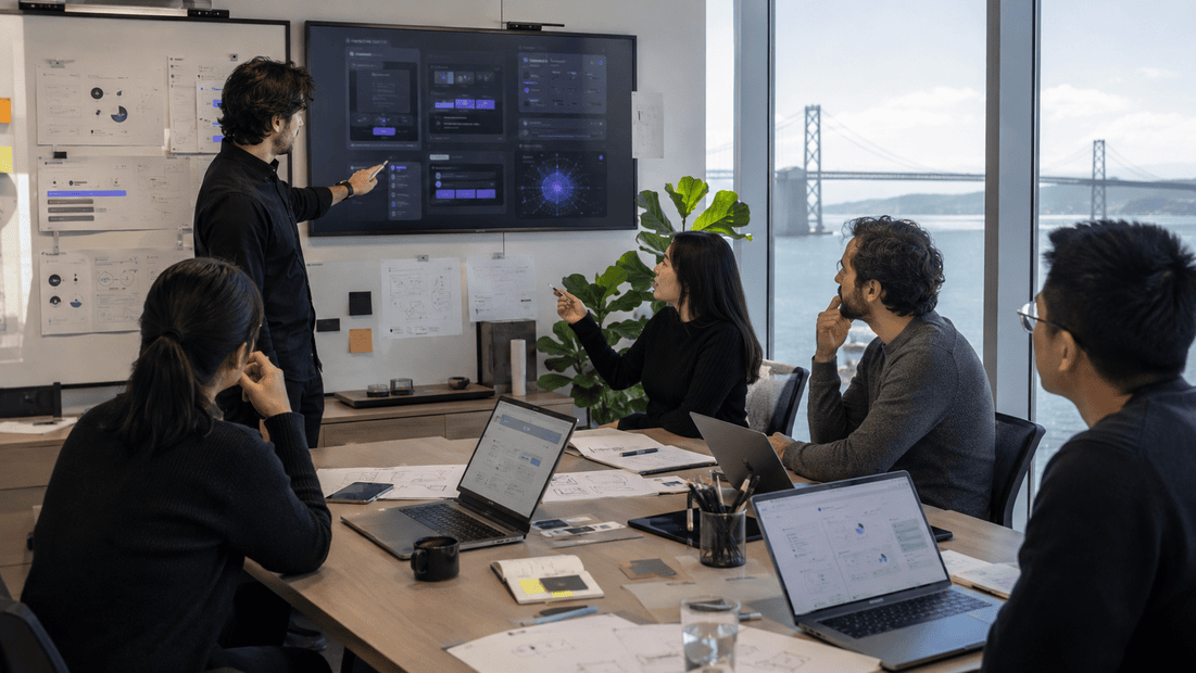 AI product coaching session with a product team reviewing AI feature concepts, user flows, MVP scope, and product adoption assumptions.