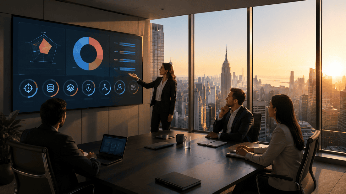 AI readiness assessment session with executives reviewing organizational readiness, data, governance, workflows, and adoption signals.