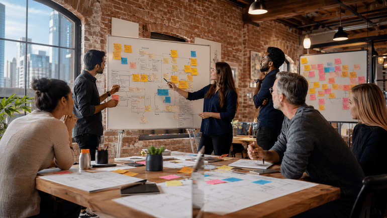 AI strategy workshop with a cross-functional team prioritizing AI use cases, pilot candidates, and roadmap decisions.
