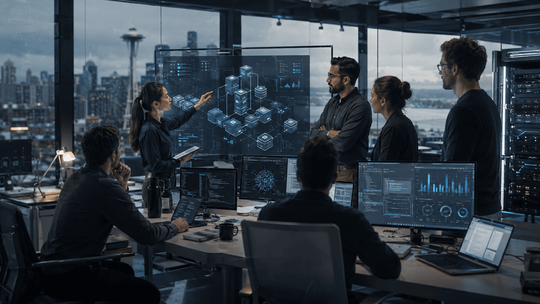 Custom AI implementation team reviewing system architecture, internal copilots, dashboards, document intelligence, and connected enterprise workflows.