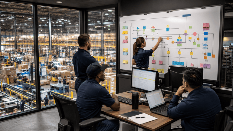 Workflow automation planning session showing operational teams mapping intake, routing, review, reporting, exception handling, and automation opportunities.