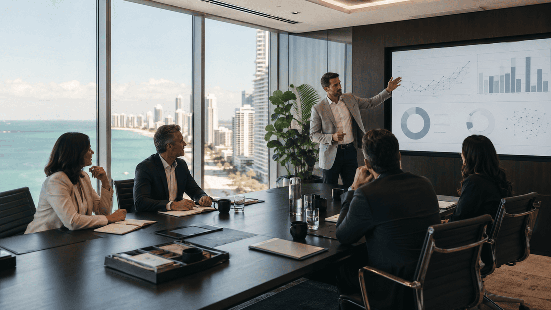 Executive AI workshop and briefing session with leaders reviewing strategy, charts, priorities, and next-step planning.